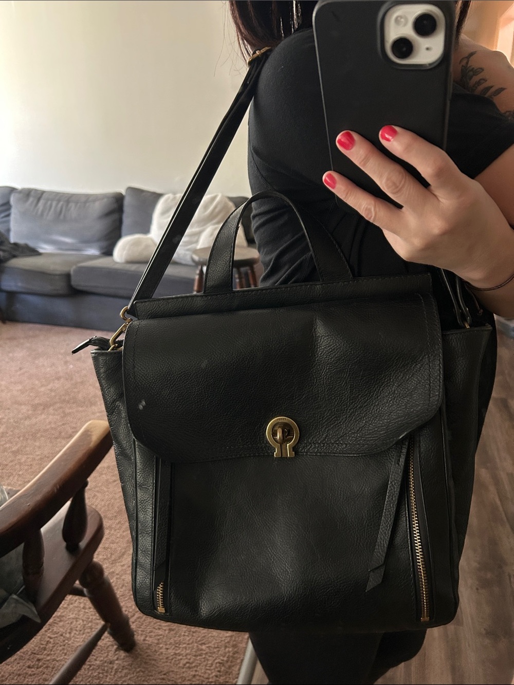 Fossil Black Leather Convertible Backpack Crossbody Bag with Gold Hardware - Picture 11 of 11